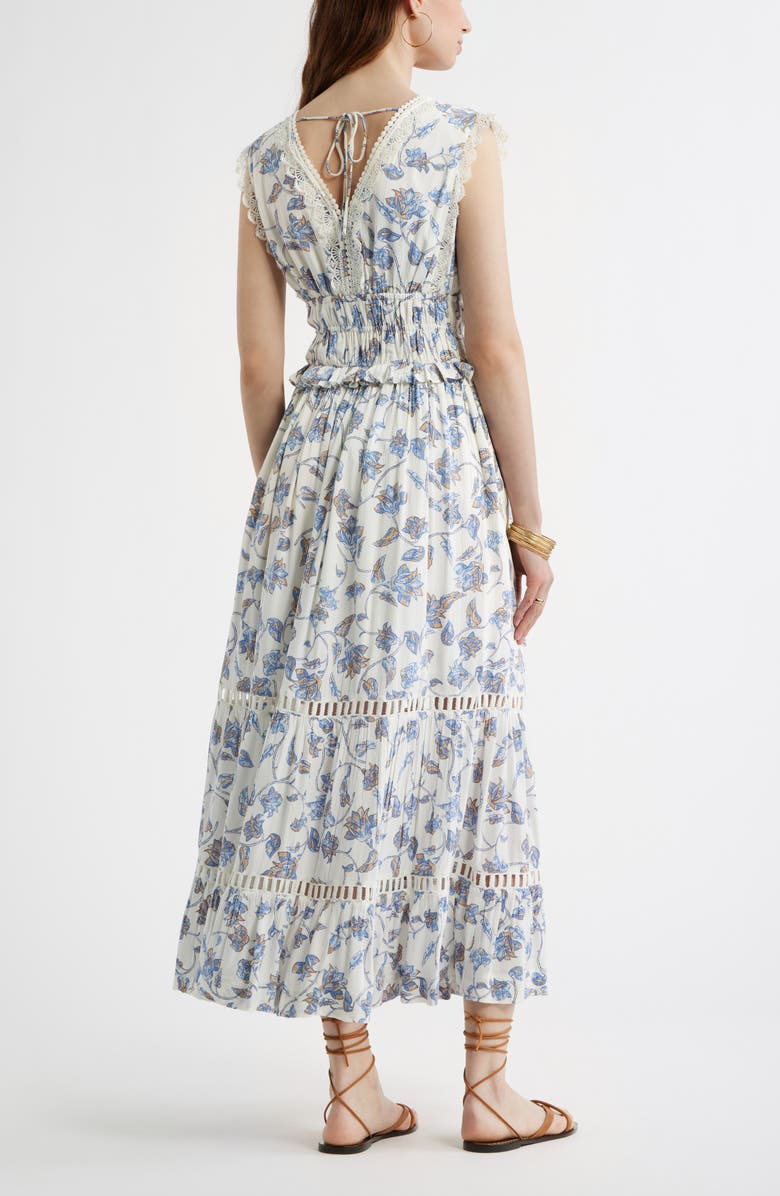 Treasure & Bond Floral Lace Trim Tiered Midi Dress, Alternate, color, Ivory- Blue Boho Bloom