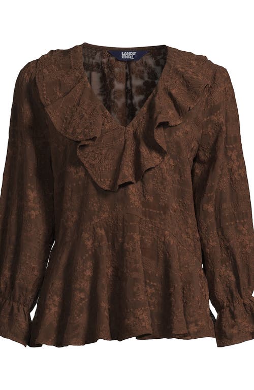 Lands' End Feminine Ruffle Chiffon V Neck Blouse In Brown