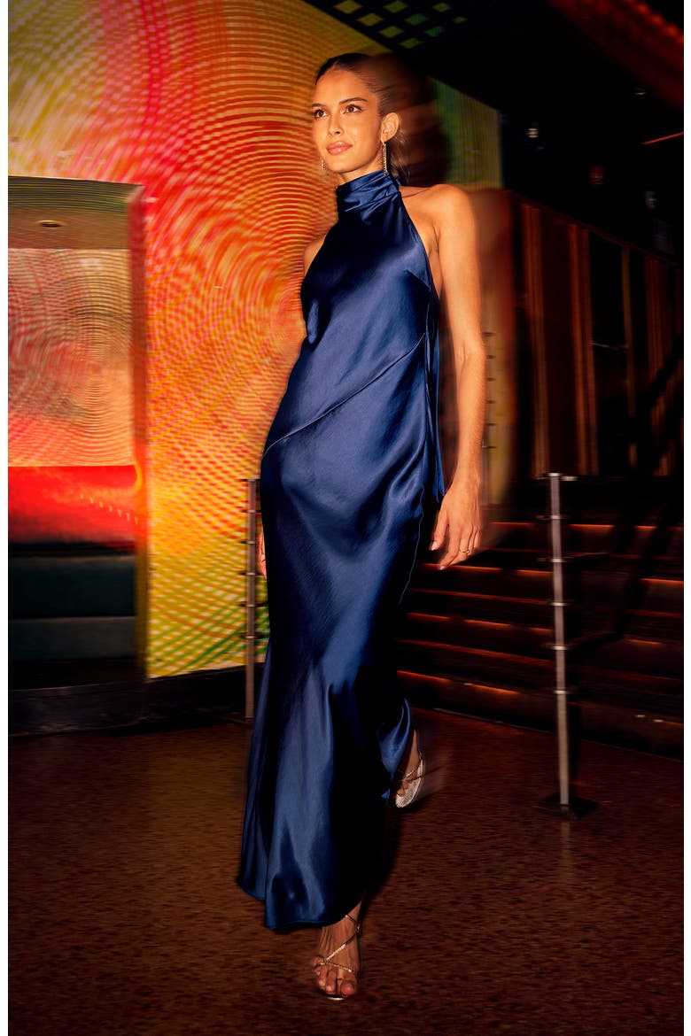 Sleeveless Satin Halter Dress, Alternate, color, NAVY IRIS