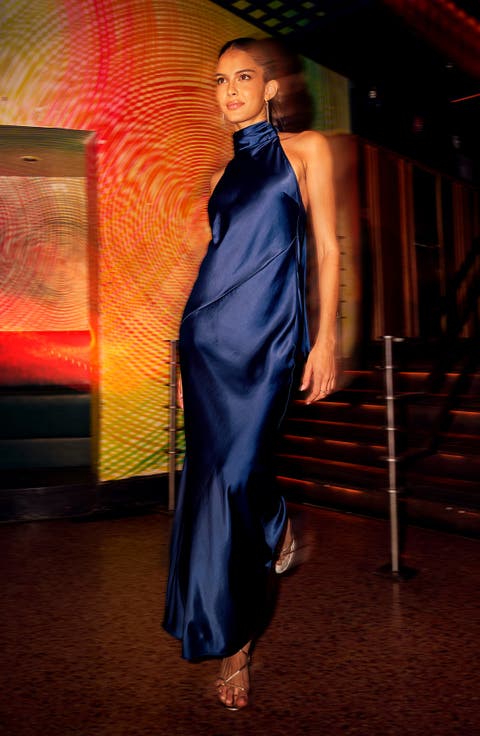 Sleeveless Satin Halter Dress