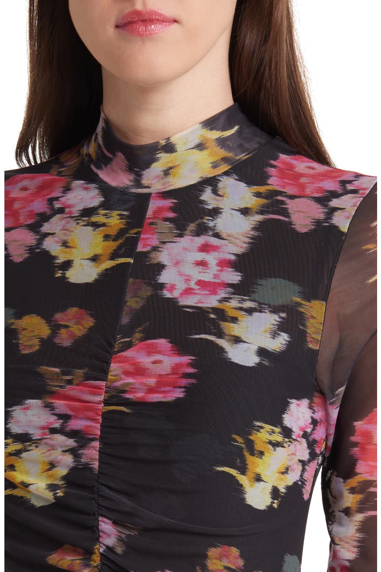 Tiloula Floral Ruched Long Sleeve Tiered Midi Dress, Alternate, color, BLACK
