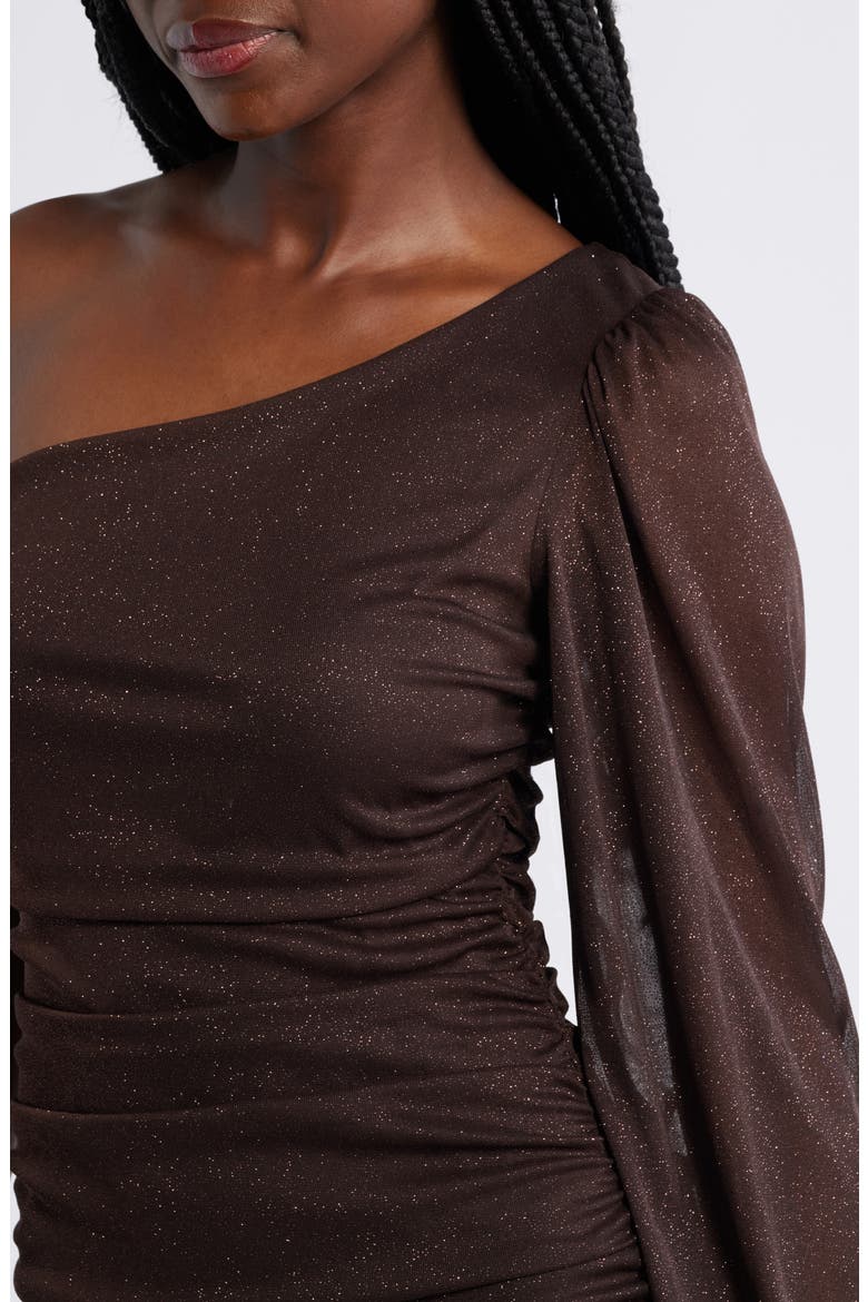 One Shoulder Metallic Ruched Minidress, Alternate, color, CHOCOLATE