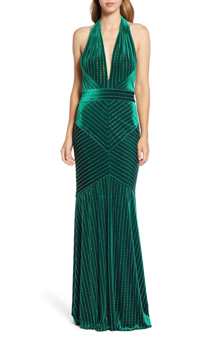 Tadashi Shoji Plunge Neck Studded Velvet Gown, Main, color,