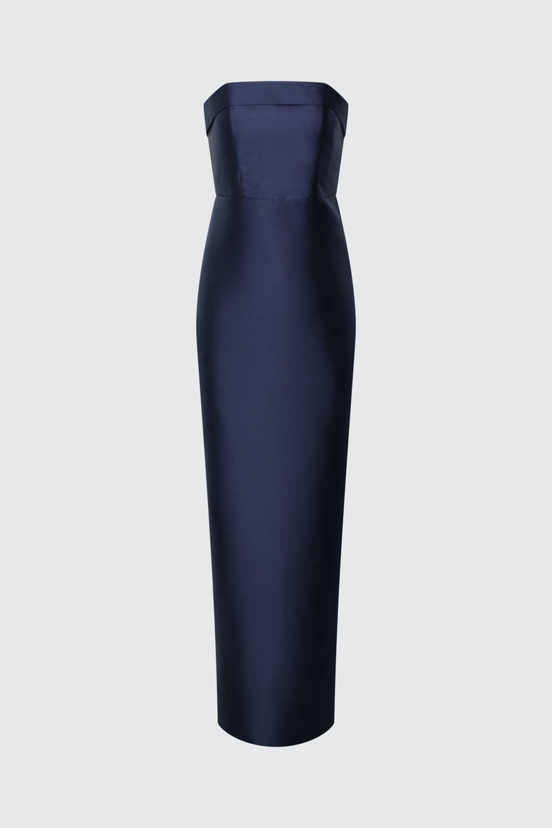Gaia Strapless Column Mikado Gown, Alternate, color, Navy