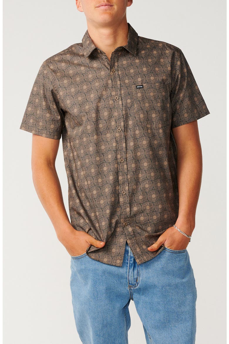 Hypno Sun Medallion Print Short Sleeve Cotton Button-Up Shirt, Main, color, WALNUT