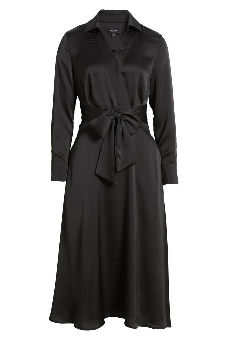 Long Sleeve Hammered Satin Wrap Front Shirtdress, Alternate, color, BLACK