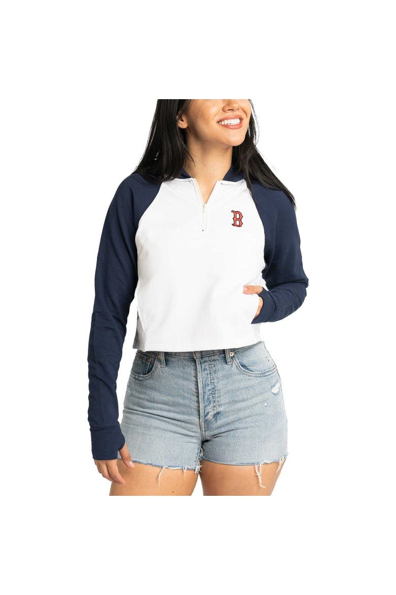 Women's Lusso White Boston Red Sox Jane Raglan Quarter-Zip Tri-Blend Cropped Pullover Hoodie, Alternate, color, White