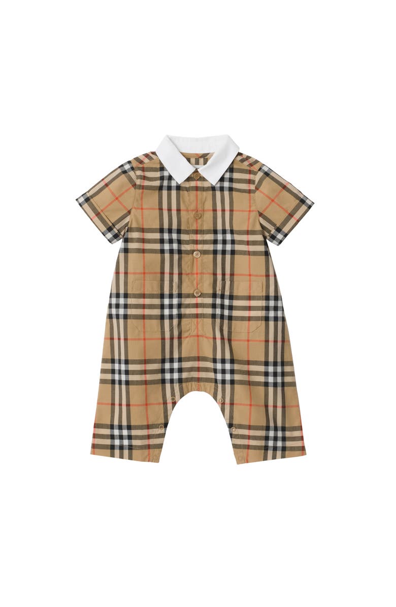 Burberry Check Cotton Playsuit, Main, color, Sand Beige