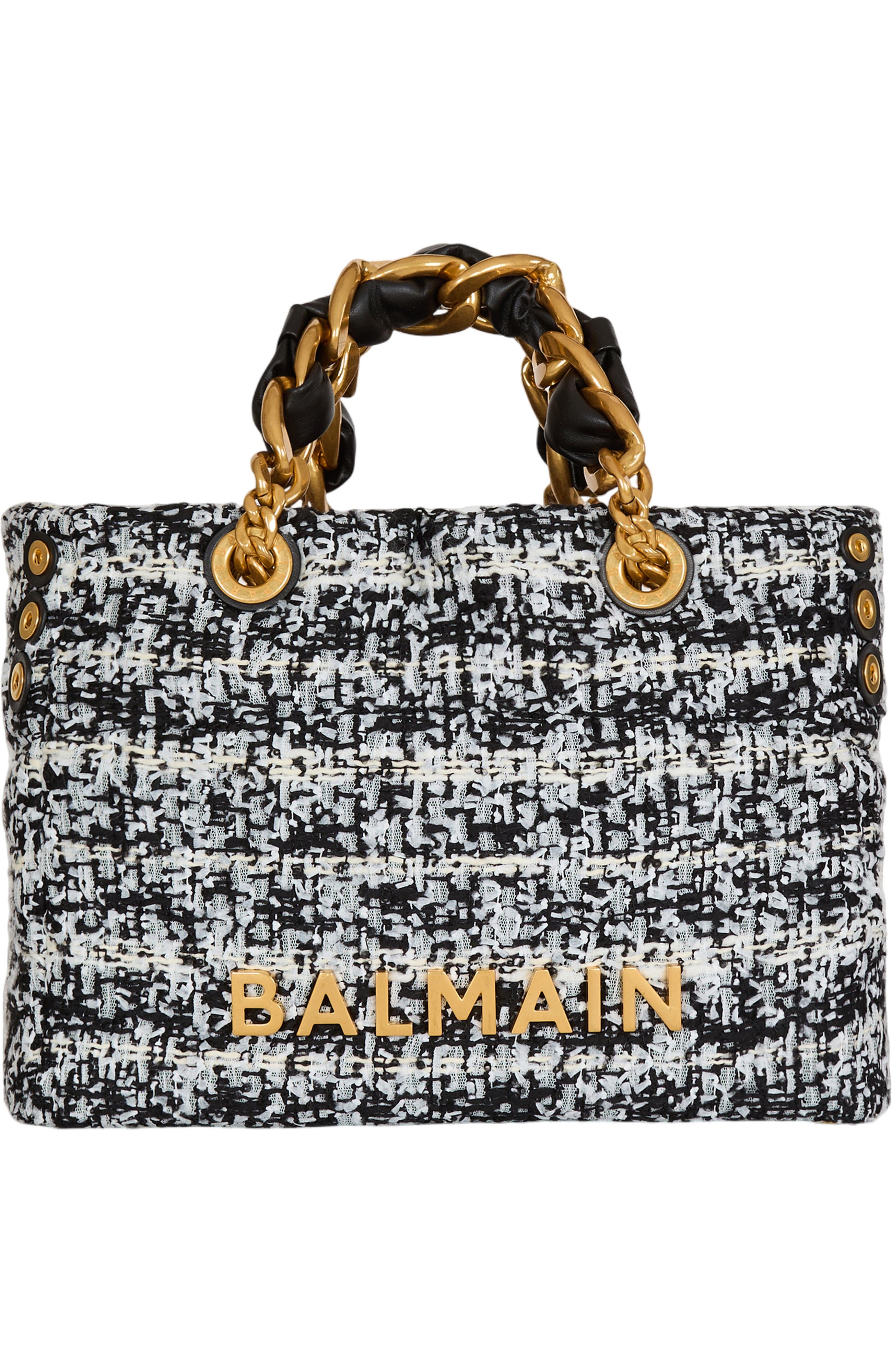 Balmain Small 1945 Soft tweed tote bag, Main, color, Black