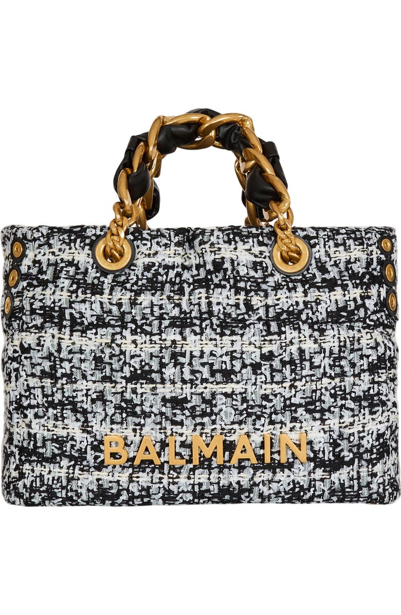 Balmain Small 1945 Soft tweed tote bag, Main, color, Black