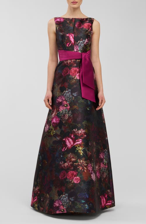 Kay Unger Nicoletta Floral Sleeveless A-line Gown In Black