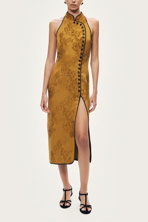 High-Neck Button-Detail Midi Dress