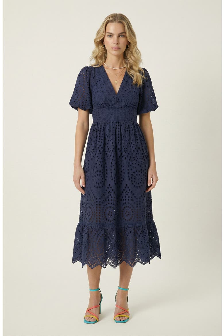 Puff Sleeve Eyelet Smocked Midi Dress, Main, color, Navy Blue