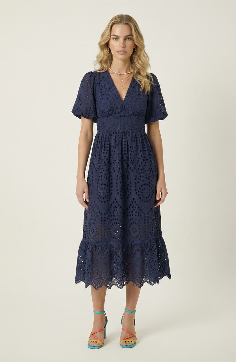Modenaire Puff Sleeve Eyelet Smocked Midi Dress, Main, color, Navy Blue