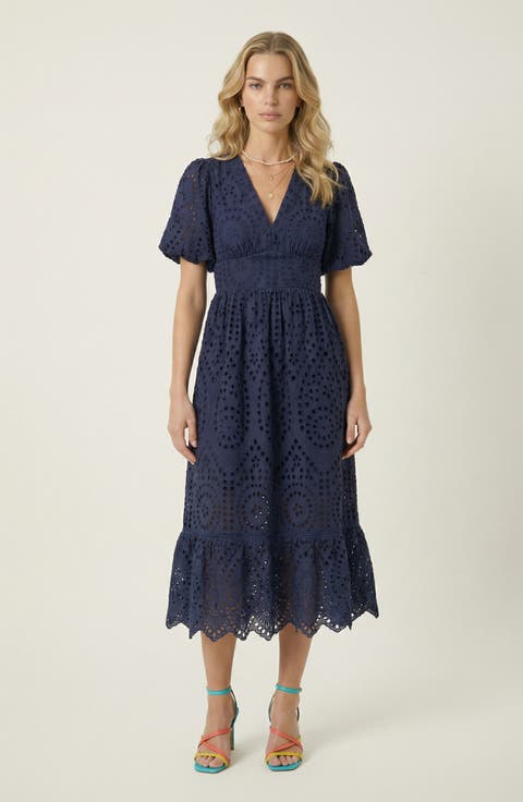 Puff Sleeve Eyelet Smocked Midi Dress