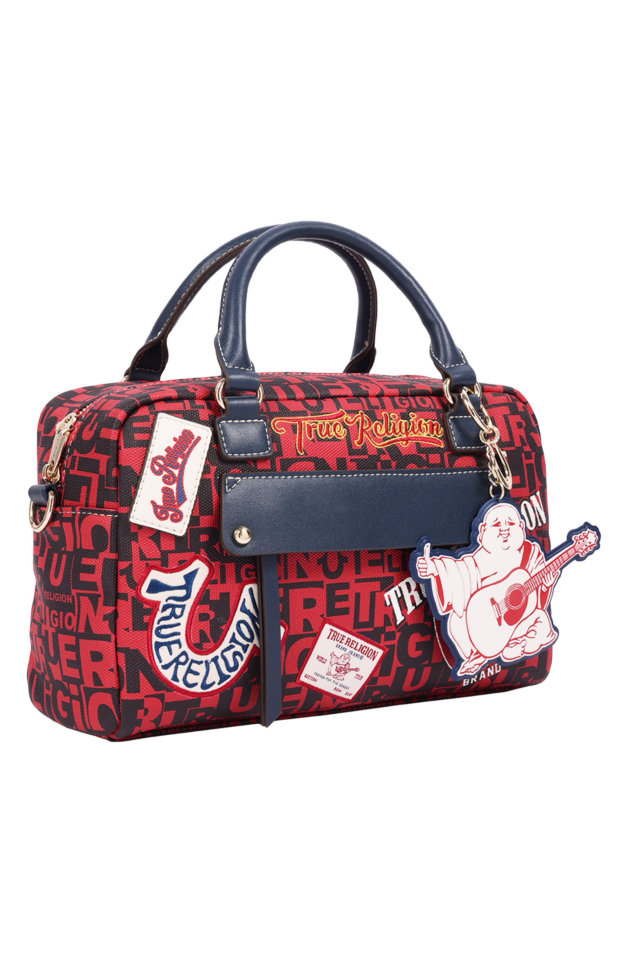 Multi Patch Graphic Faux Leather Satchel, Alternate, color, RED