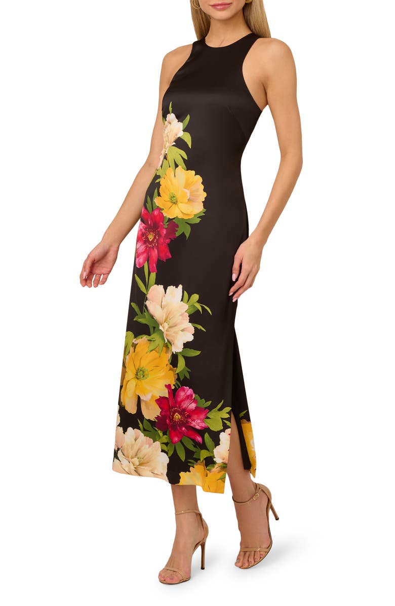 Adrianna Papell Printed Satin Cocktail Dress, Main, color, Black Multi