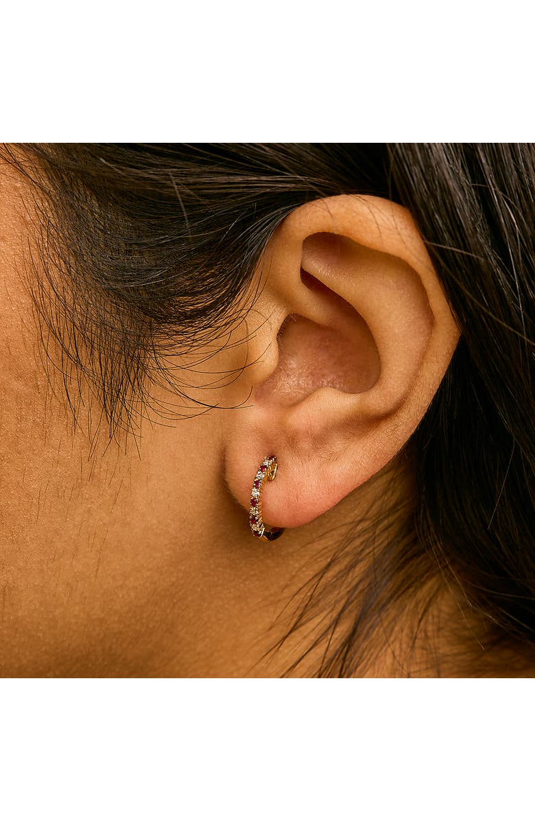 Haus of Brilliance 10K Gold Alternating Diamond and Red Ruby Huggy Hoop Earrings, Alternate, color, Yellow