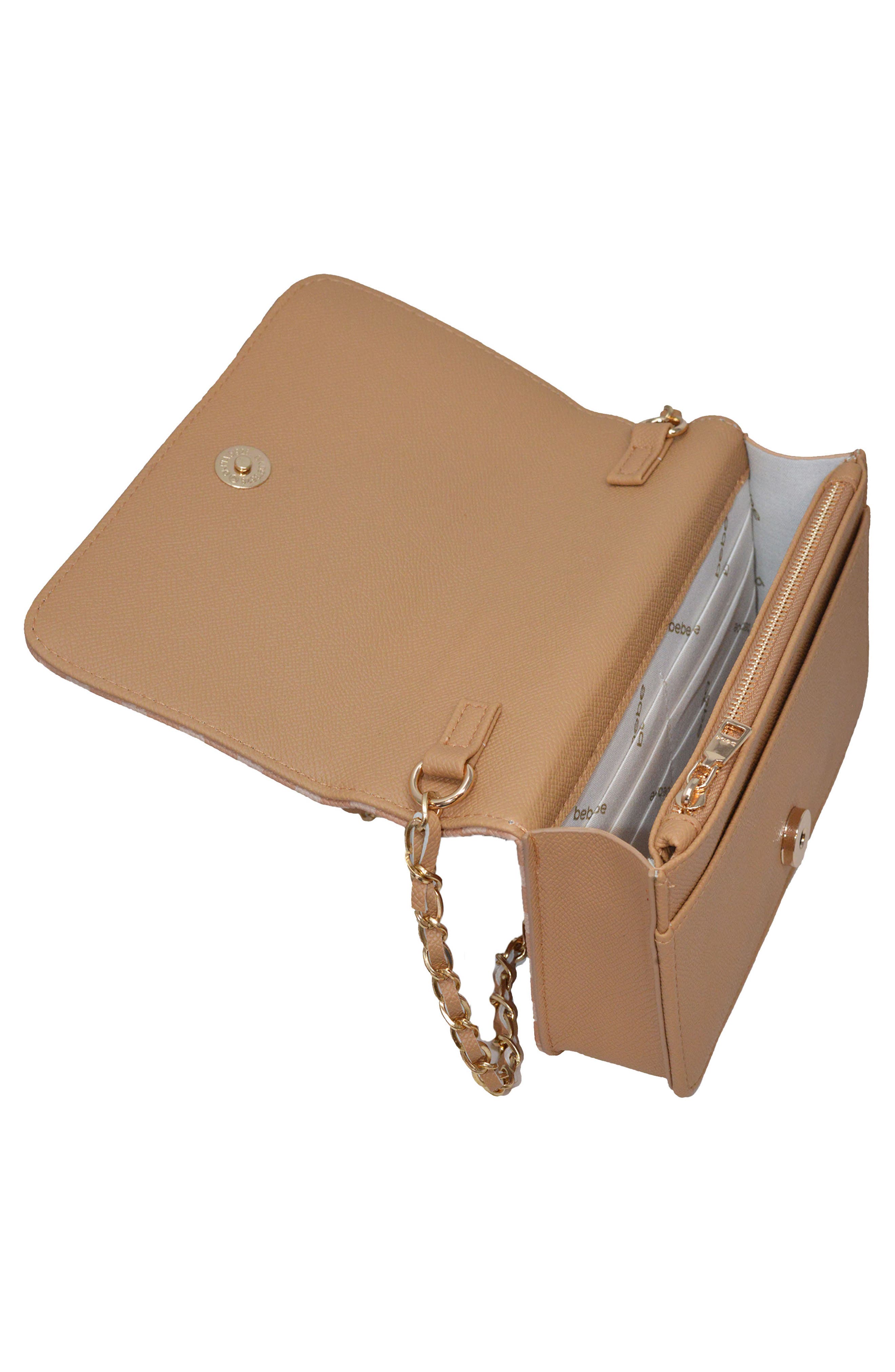 bebe Adela Monogram Crossbody Bag, Alternate, color, Camel