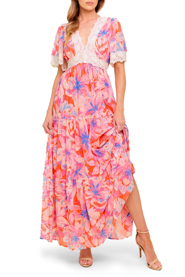 Floral Lace V-Neck Maxi Dress, Main, color, CORAL BLUE