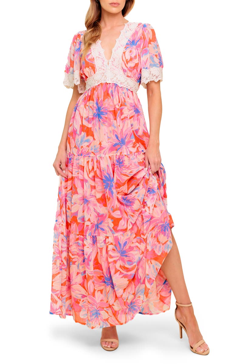 FLYING TOMATO Floral Lace V-Neck Maxi Dress, Main, color, Coral Blue