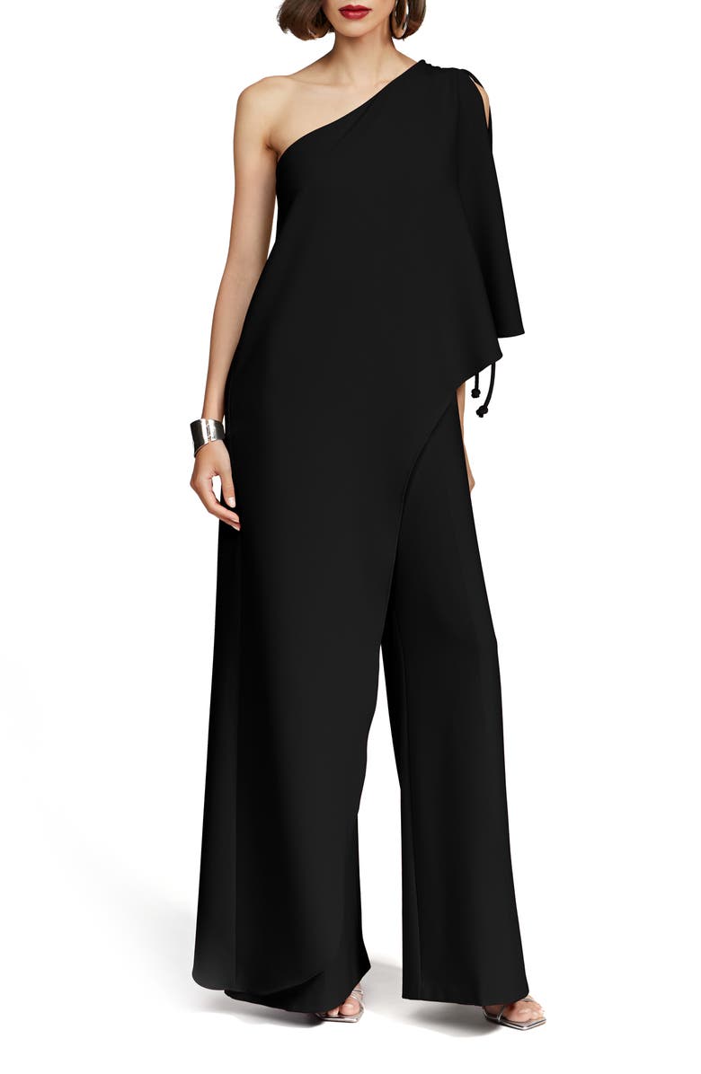 HALSTON Ignacia One-Shoulder Wide Leg Crepe Jumpsuit, Main, color, Black