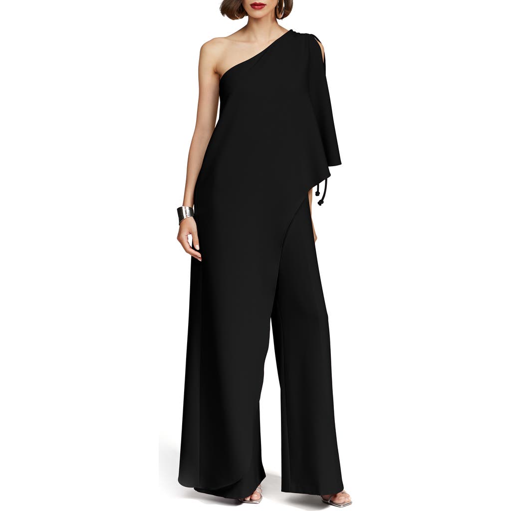Halston Ignacia One-shoulder Wide Leg Crepe Jumpsuit In Black