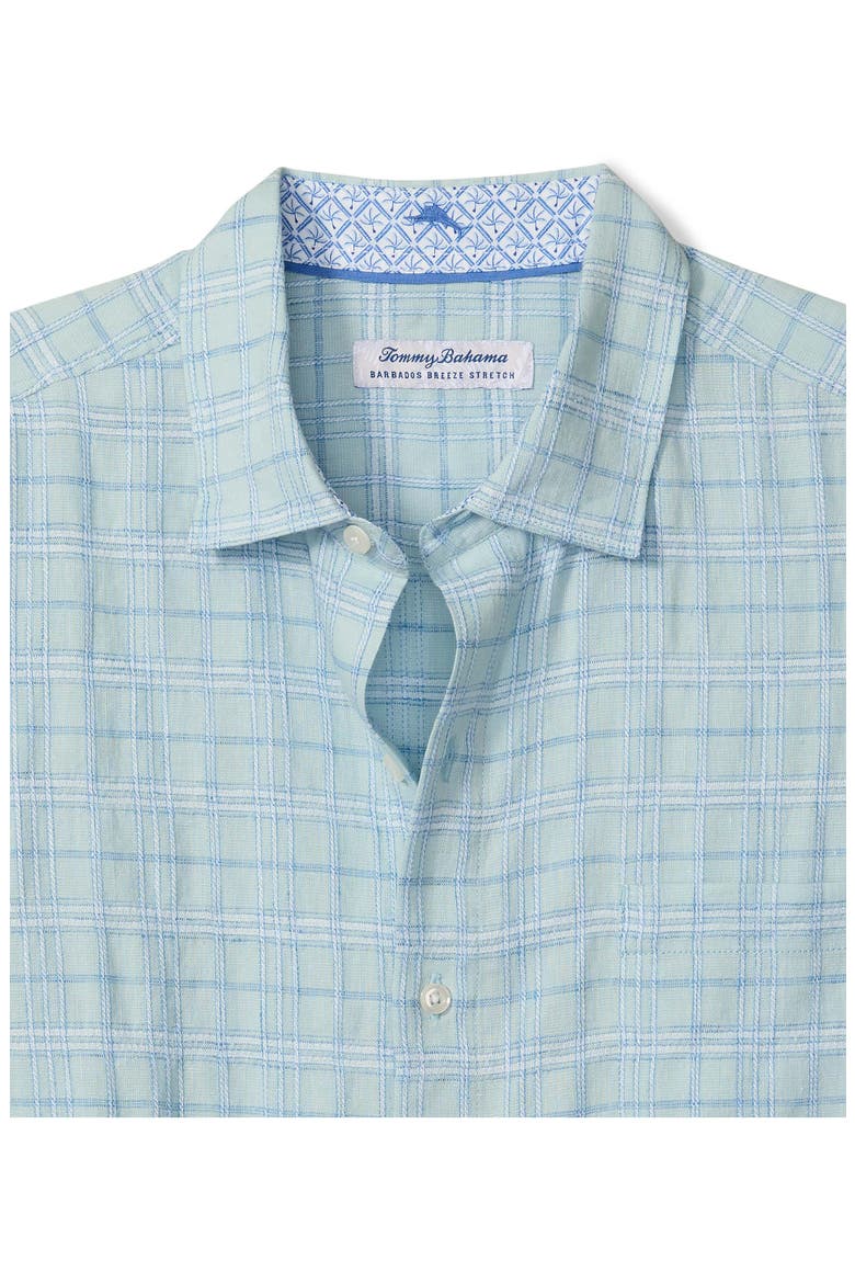Barbados Breeze Playa Plaid Stretch Linen Blend Button-Up Shirt, Alternate, color, AQUIFER