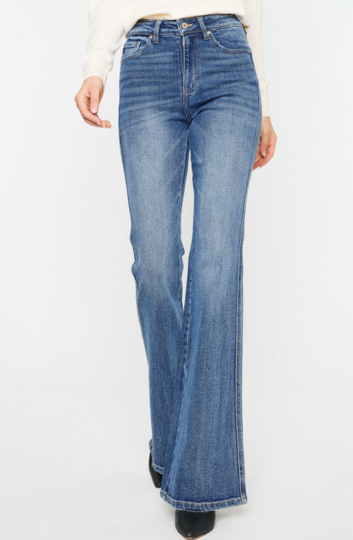 Kancan Jessica Denim Flare Jeans In Medium Stone Wash In Medium Wash