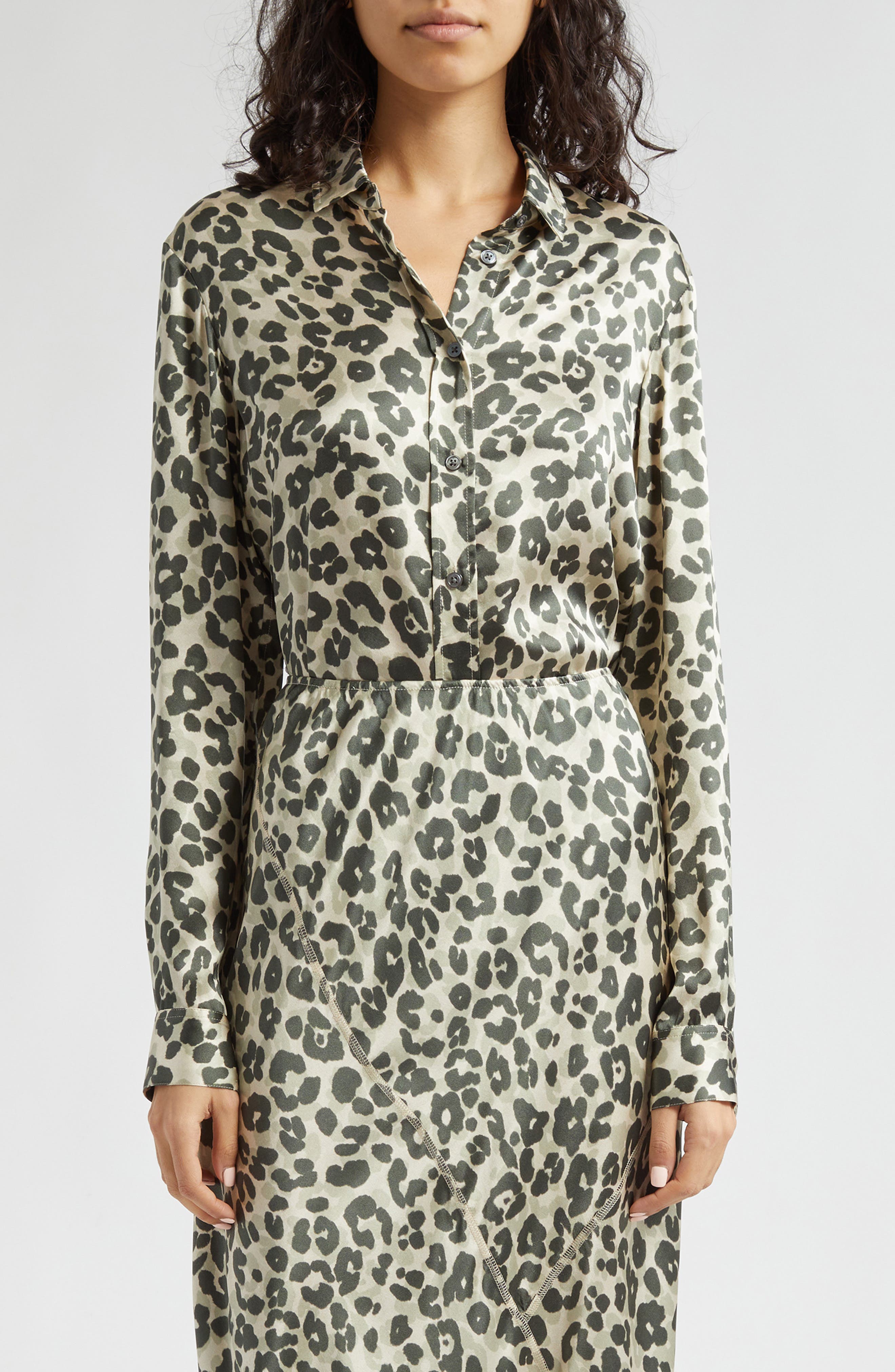Leopard Print Silk Charmeuse Button-Up Shirt