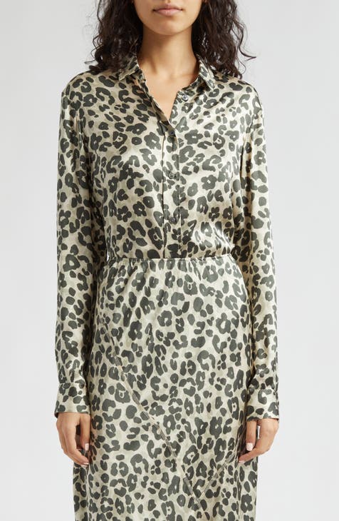 Leopard Print Silk Charmeuse Button-Up Shirt