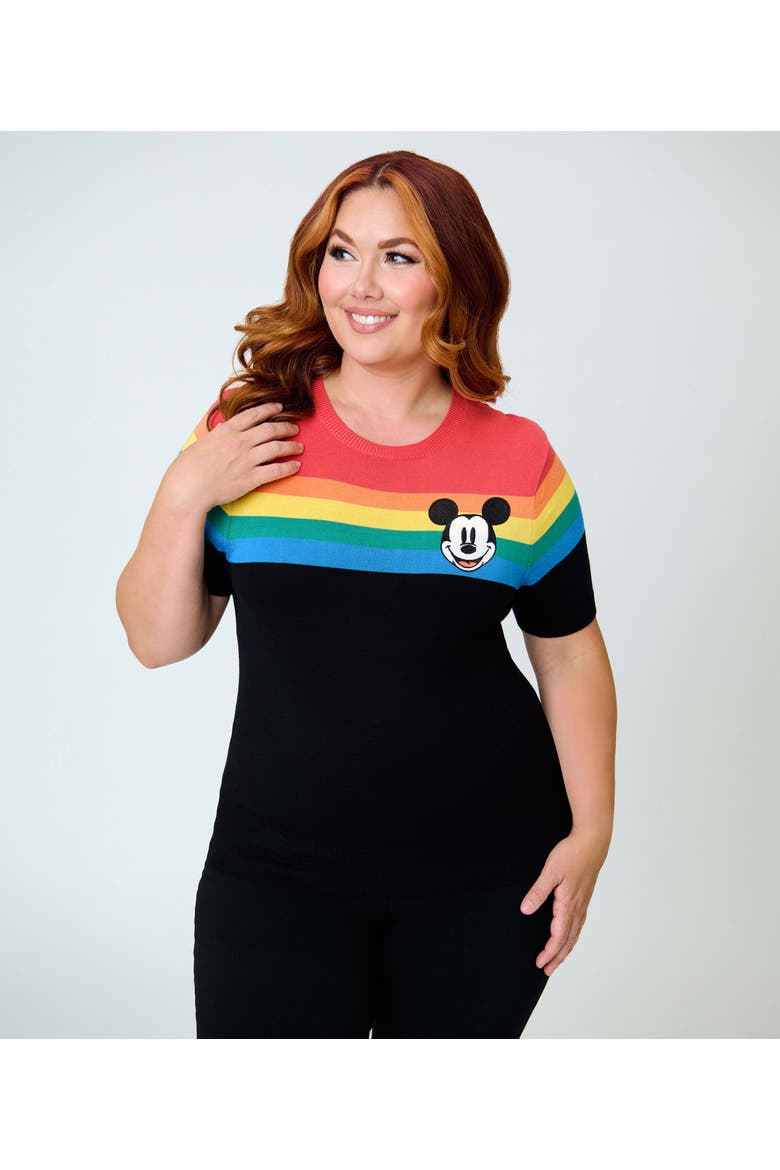 Plus Size Patterned Short Sleeve Sweater, Main, color, Black Rainbow Mickey