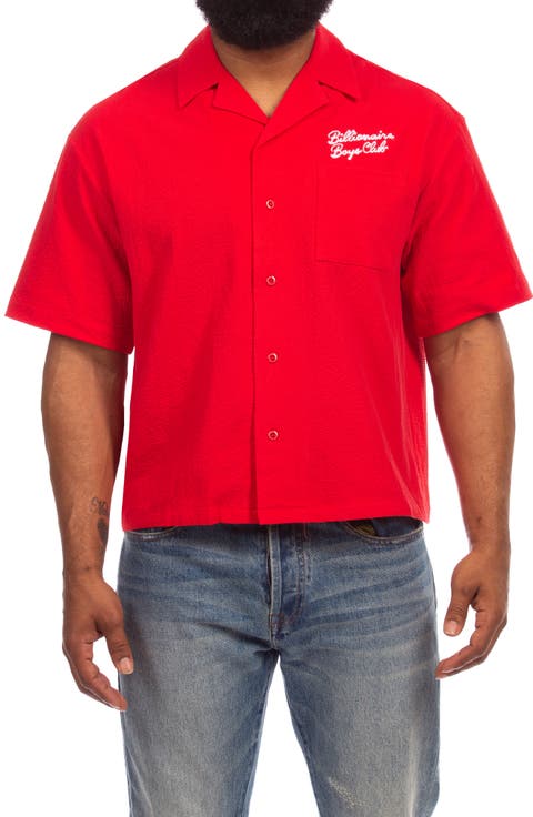 BB Script Embroidered Cotton Seersucker Camp Shirt