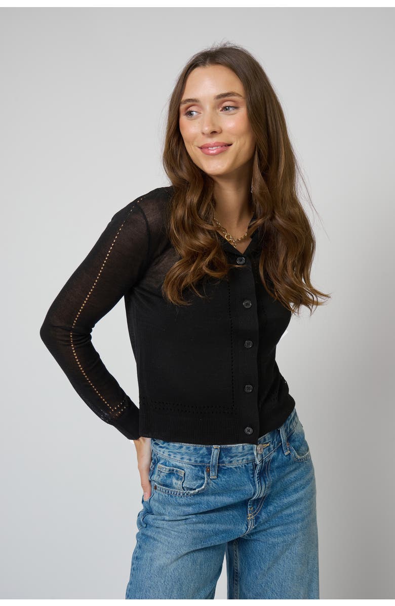 Central Park West Serena Sheer Pointelle Cardigan, Main, color, Black