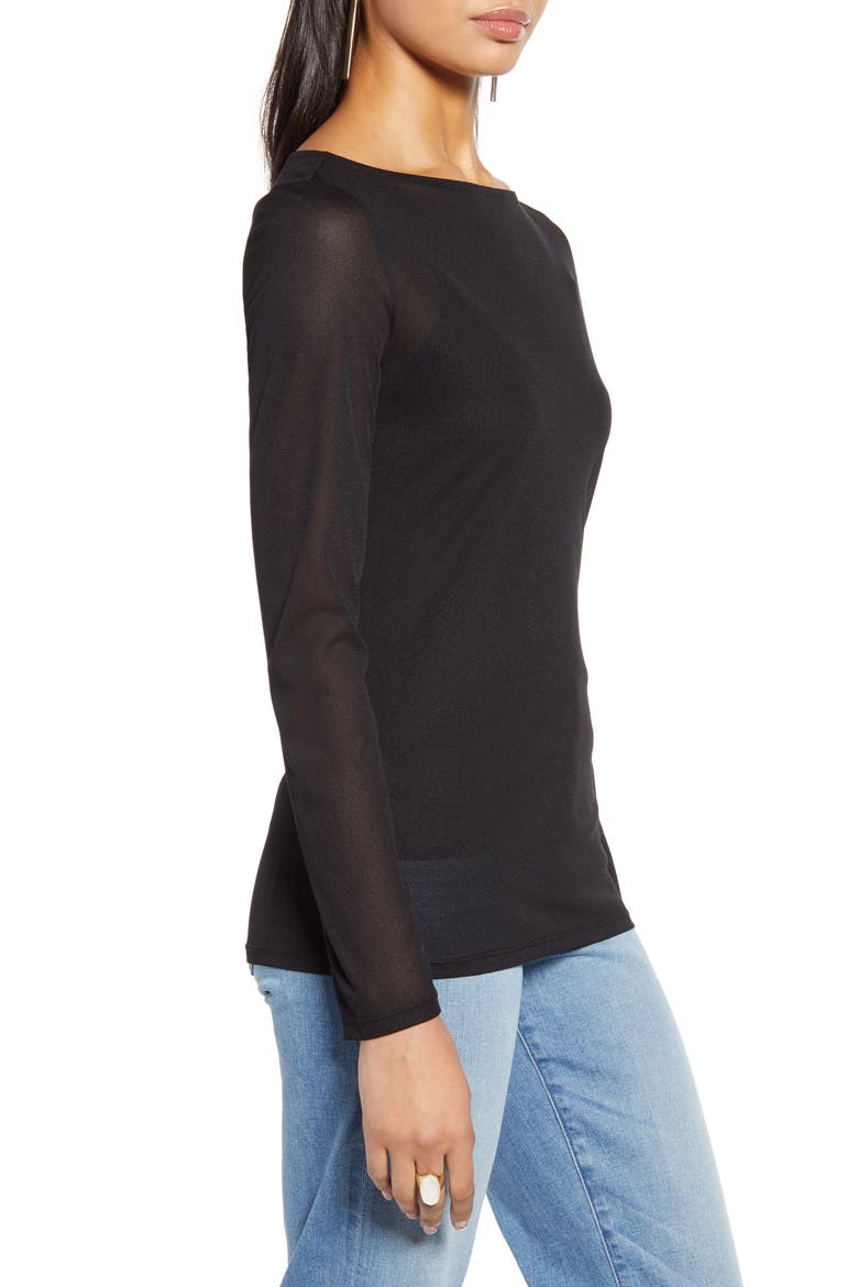 Bateau Neck Mesh Top, Alternate, color, BLACK
