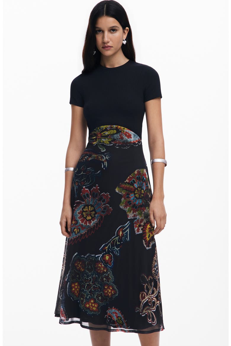 Mixed Media Midi Dress, Alternate, color, BLACK