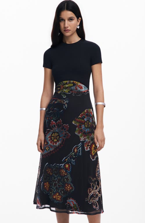 Desigual Mixed Media Midi Dress In Black