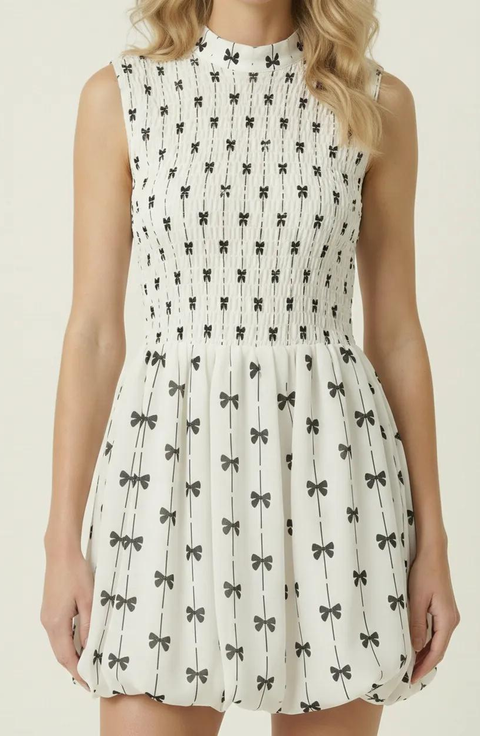 Sleeveless Bow Motif Smocked Mini Dress