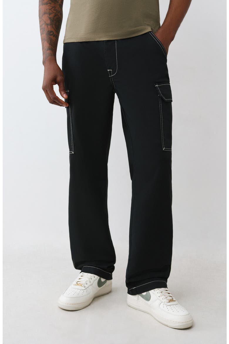 Straight Leg Contrast Stitch Cargo Pants, Main, color, JET BLACK