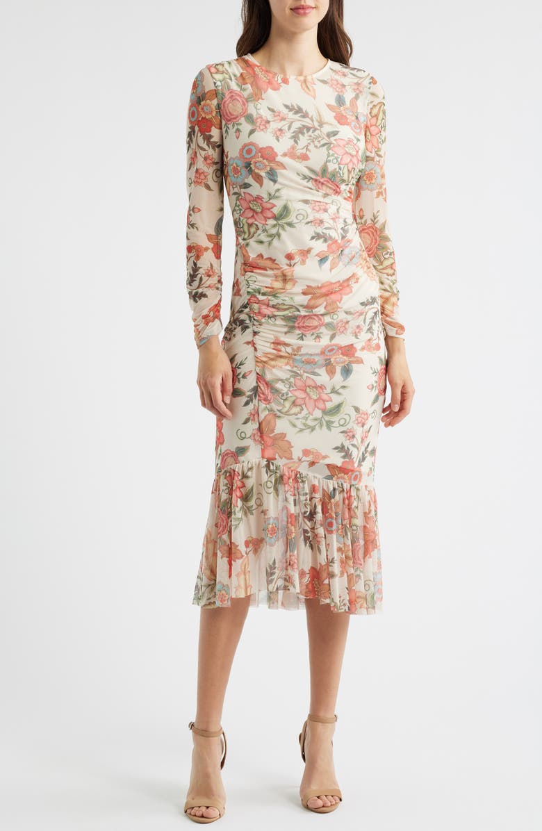 Vince Camuto Floral Long Sleeve Mesh Midi Dress, Main, color, 