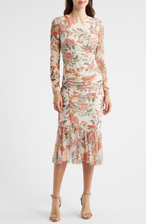 Vince Camuto Floral Long Sleeve Mesh Midi Dress In White