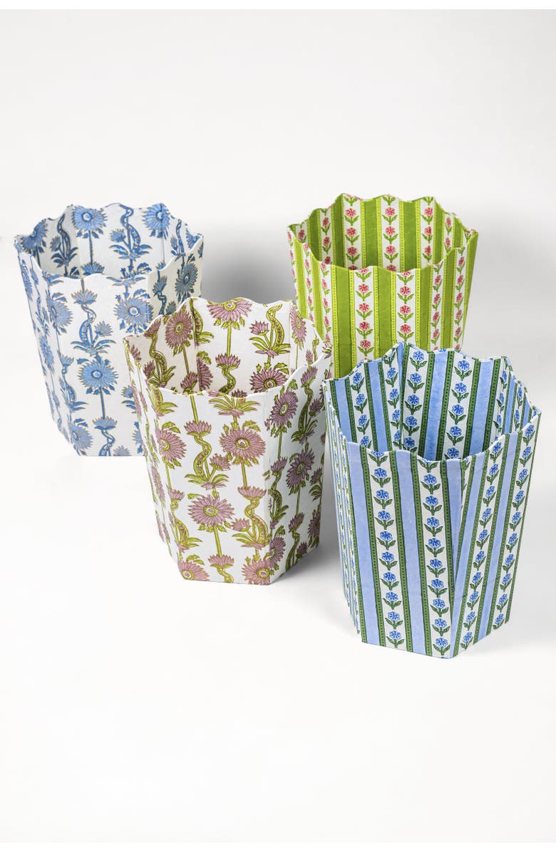 Inner Child Floral Vines Blockprint Scallop Waste Bin Storage Bin, Alternate, color, Blue