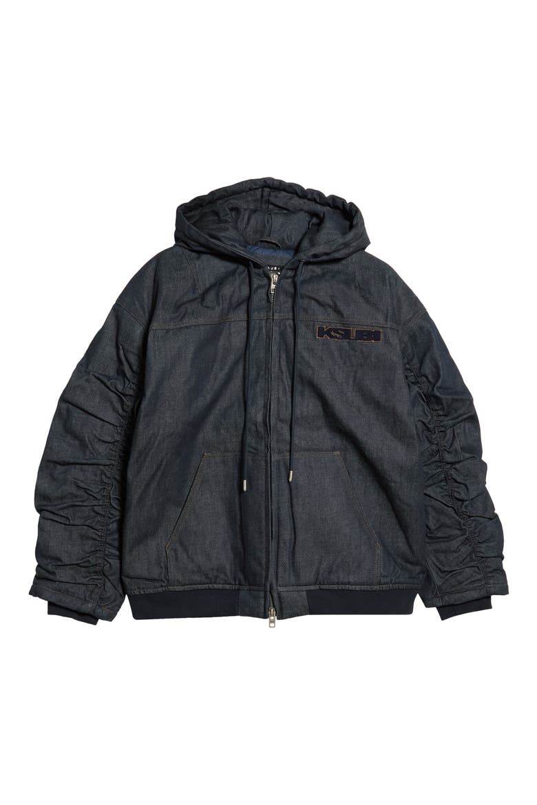 Sott Slouchy Hooded Denim Bomber Jacket, Main, color, DENIM