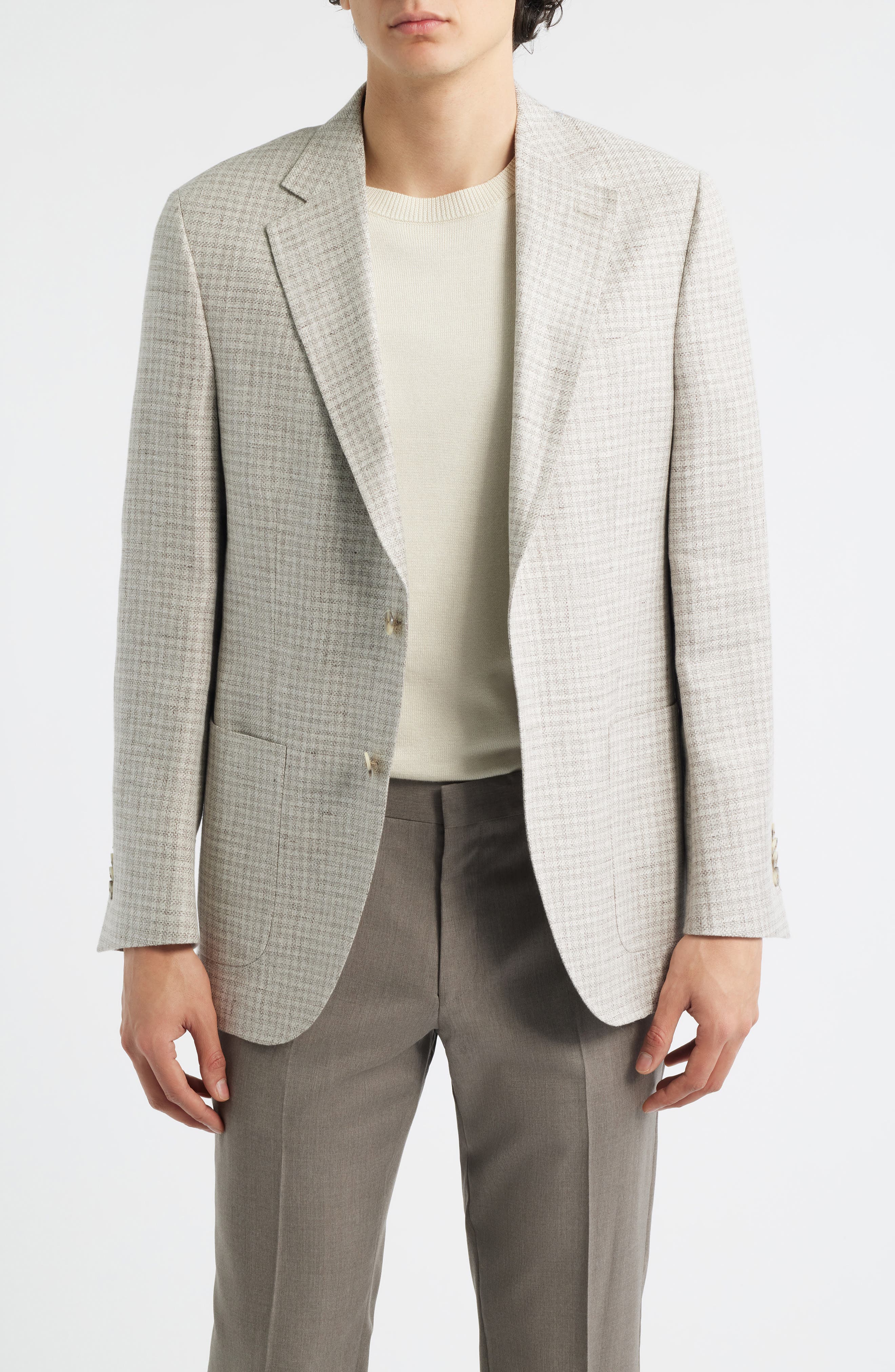 Hyperlight Soft Tan Check Linen & Wool Blend Sport Coat
