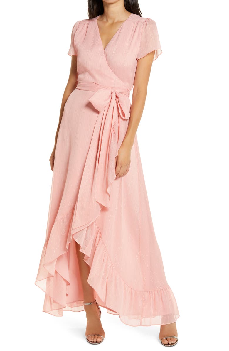WAYF The Natasha Metallic Chiffon Wrap Gown, Main, color, 