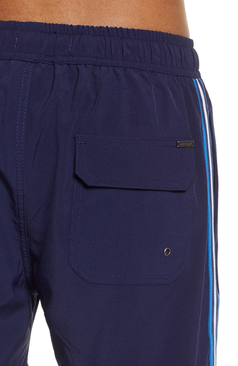 Vintage Summer Navy Side Stripe Swim Trunks, Alternate, color, 