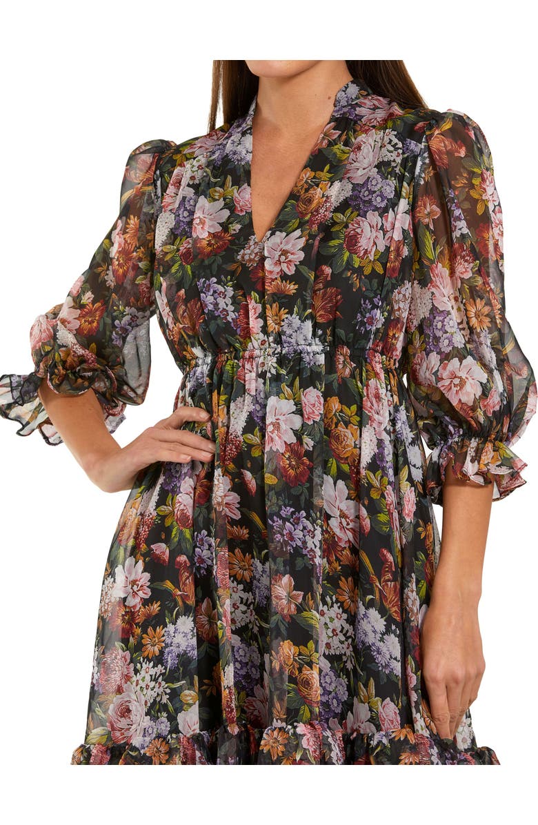 Mac Duggal Chiffon 3/4 Sleeve A Line Midi Dress With Ruffles, Alternate, color, Black Multi