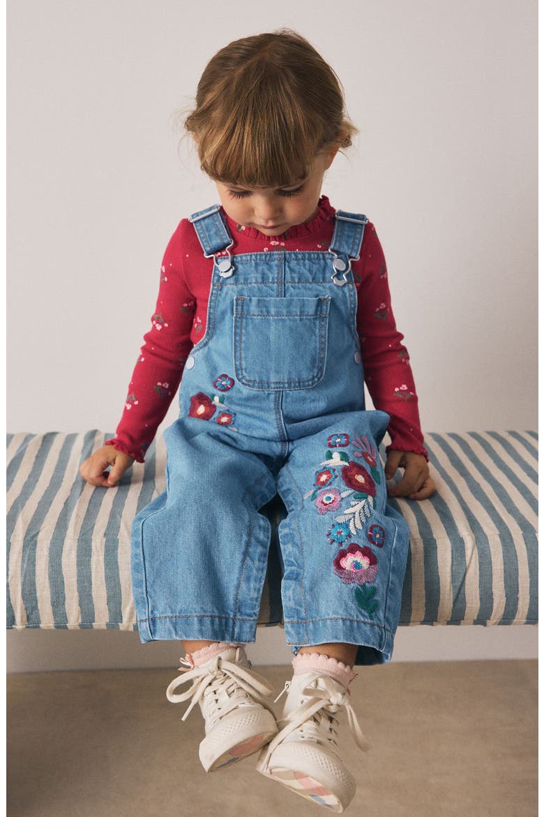 Kids' Long Sleeve Top & Embroidered Denim Overalls Set, Alternate, color, BLUE