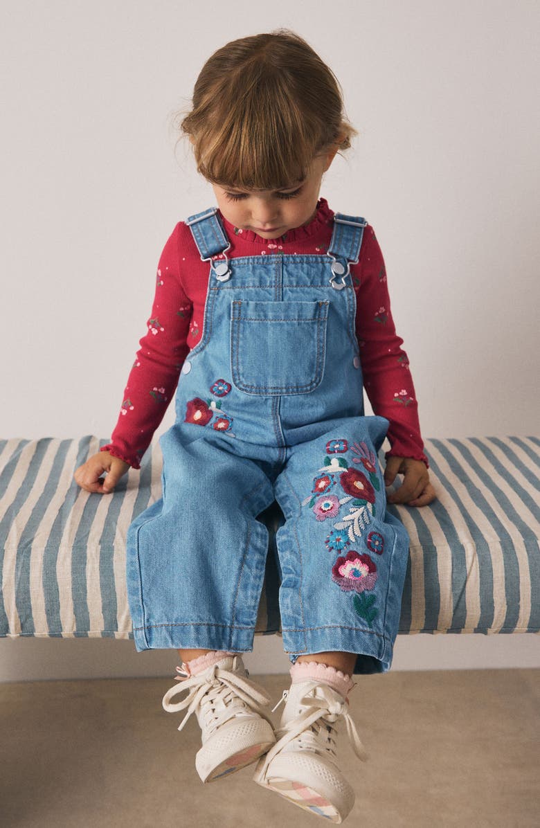 NEXT Kids' Long Sleeve Top & Embroidered Denim Overalls Set, Alternate, color, Blue