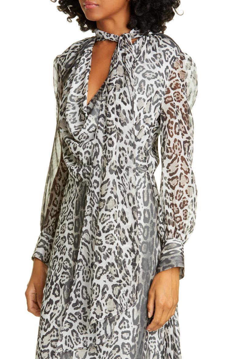 Tommy x Zendaya Leopard Tie Neck Long Sleeve Midi Dress (Nordstrom Exclusive), Alternate, color, SNOW LEOPARD PRINT